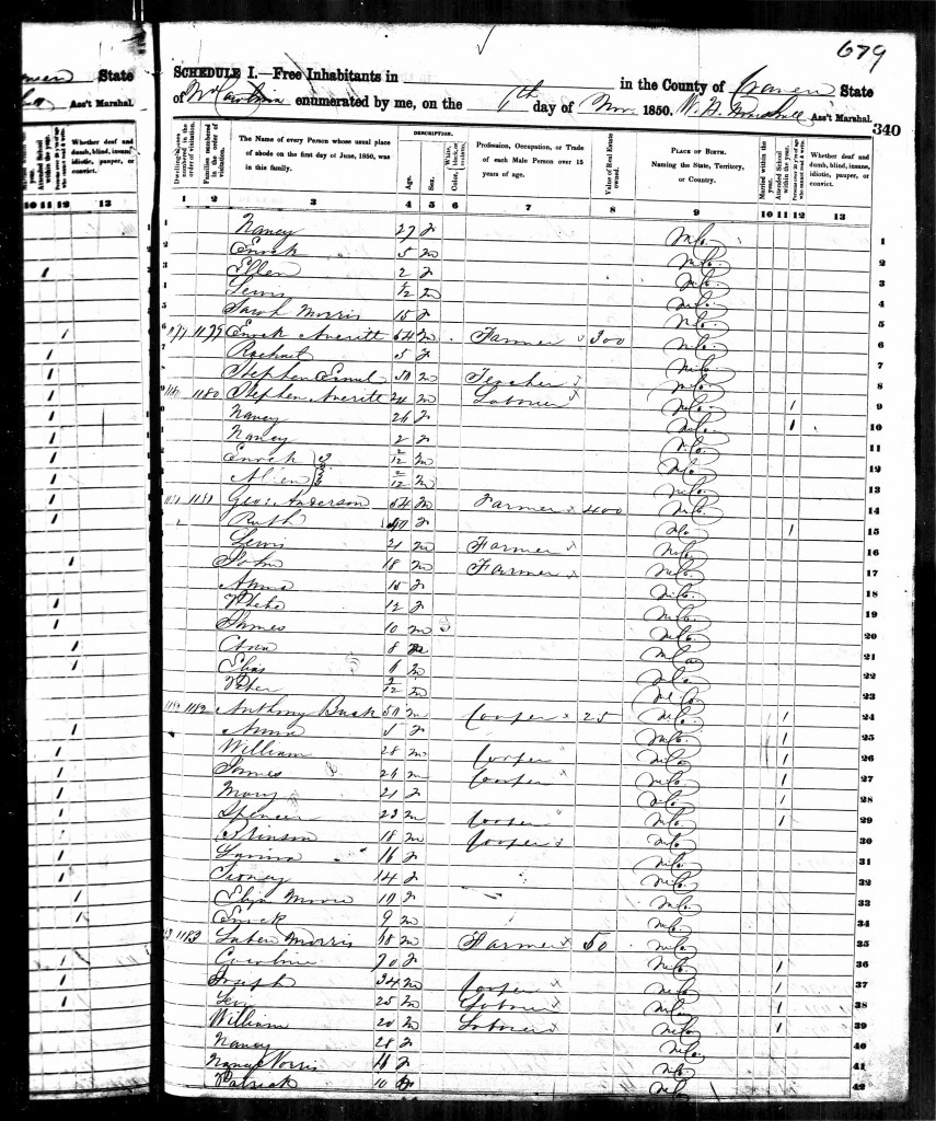 November 6, 1850 - Nancy MORRIS is in the household of Laban and Carolina "Kitty" MORRIS. Her age is given as 28, meaning she was born about 1822.