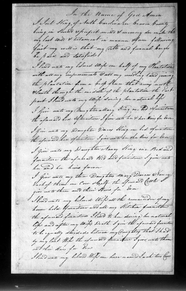 Will of Joel King, 1799 - Craven County