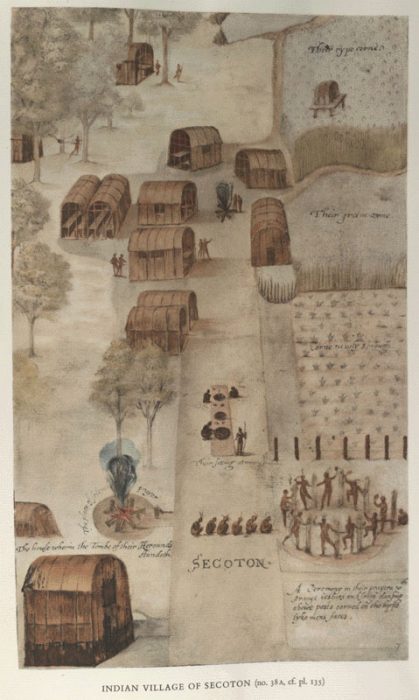 This watercolor of Secotan–an Indian village that was across Pamlico Sound from Hatteras island–was created by John White during one of the Roanoke expeditions.