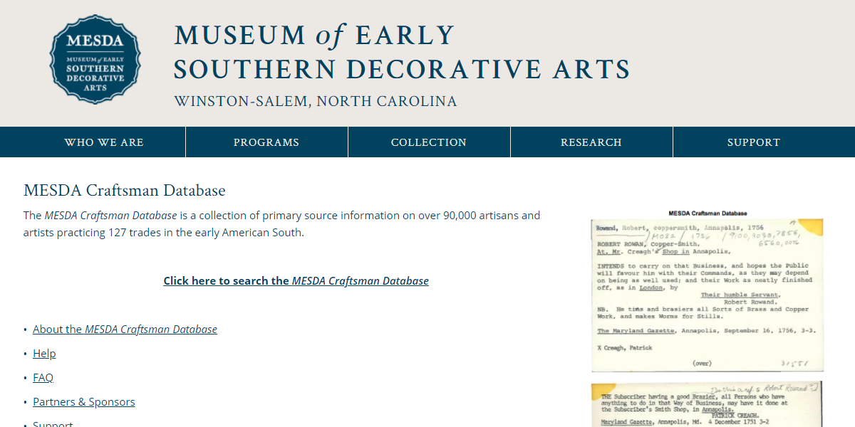 Museum of Early Southern Decorative Arts (MESDA) Craftsman Database Search